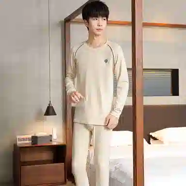 贴身领域 纯棉时尚可外穿圆领抗菌长袖秋衣秋裤打底衫青少年青年保暖内衣套装 男款