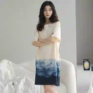 贴身领域 渐变水墨印花薄款纯棉圆领套头短袖休闲可外穿睡衣睡裙 女款 杏色