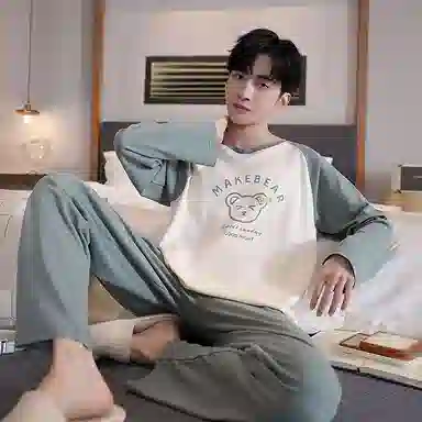 贴身领域 圆领简约上衣松紧腰卡通长裤睡衣套装 男款