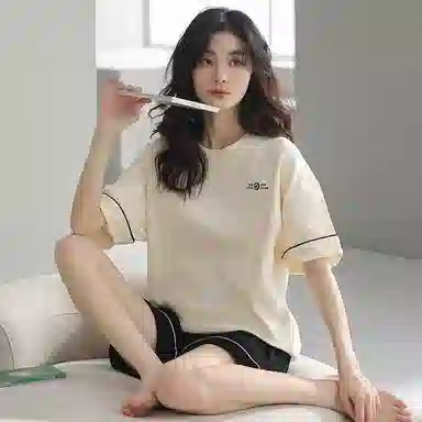 贴身领域 时尚字母圆领短袖带口袋可外穿薄款棉质休闲家居服三分裤睡衣套装 女款 图色