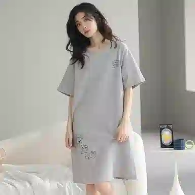 贴身领域 卡通熊印花华夫格薄款纯棉圆领套头短袖休闲可外穿睡衣睡裙 女款 灰色