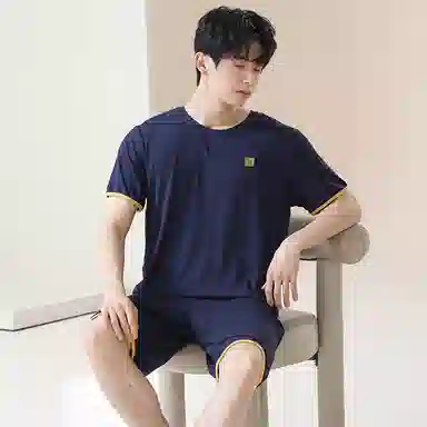 贴身领域 时尚简约纯色印花薄款圆领短袖可外穿家居服休闲短裤睡衣套装 男款 宝蓝