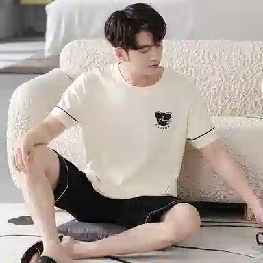 贴身领域 纯棉圆领卡通字母印花短袖松紧腰睡衣套装 男款 杏色