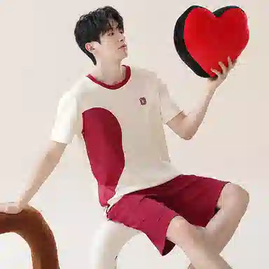 贴身领域 卡通爱心印花短袖上衣透气舒适松紧裤睡衣套装 男款 杏色拼红色