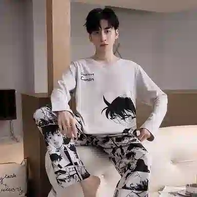 贴身领域 圆领简约上衣松紧腰卡通长裤睡衣套装 男款