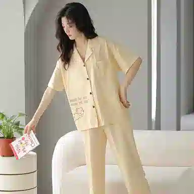 贴身领域 卡通薄款休闲短袖长裤可外穿家居服睡衣套装 女款 黄色