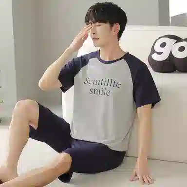 贴身领域 字母印花拼接撞色圆领短袖薄款舒适短裤可外穿家居服睡衣套装 男款 花灰色