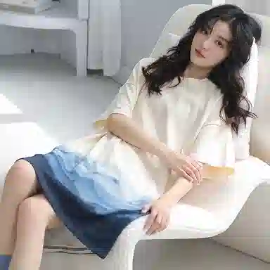 贴身领域 渐变水墨印花薄款纯棉圆领套头短袖休闲可外穿睡衣睡裙 女款 杏色