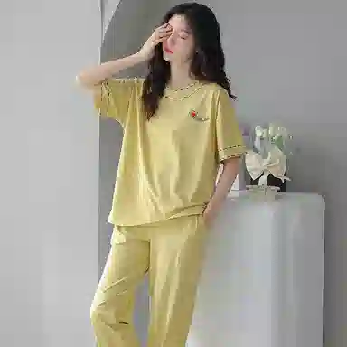 贴身领域 爱心印花圆领短袖格子长裤薄款休闲可外穿家居服睡衣套装 女款 黄色