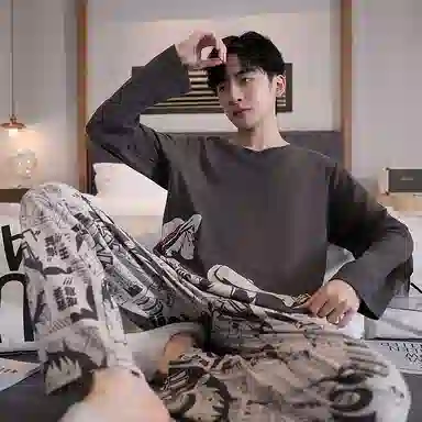 贴身领域 圆领简约上衣松紧腰卡通长裤睡衣套装 男款