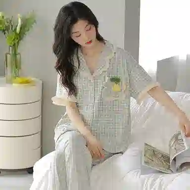 贴身领域 法式带口袋弹力休闲舒适短袖长裤可外穿家居服睡衣套装 女款 图色