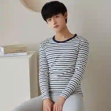 贴身领域 纯棉青少年秋衣条纹薄款可外穿长袖长裤内衣保暖套装 男款