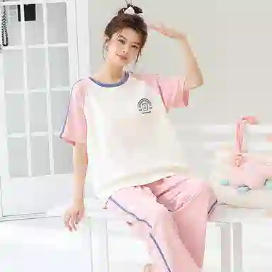 贴身领域 圆领甜美舒适透气可外穿柔软简约亲肤短袖长裤睡衣套装 女款