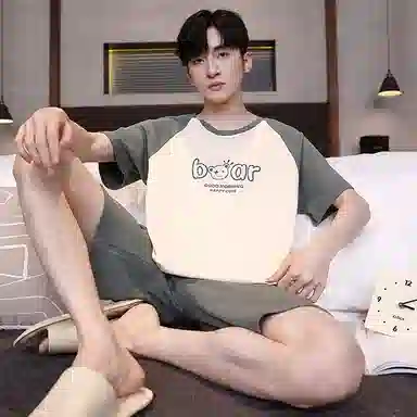 贴身领域 字母印花拼接撞色圆领短袖薄款潮宽松舒适上衣松紧腰五分裤可外穿睡衣套装 男款 绿色