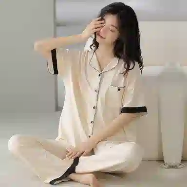 贴身领域 短袖长裤带口袋弹力可外穿棉质休闲家居服睡衣套装 女款 米黄色