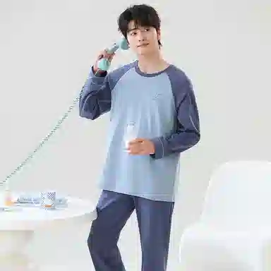 贴身领域 撞色圆领舒适透气可外穿简约亲肤睡衣套装 男款