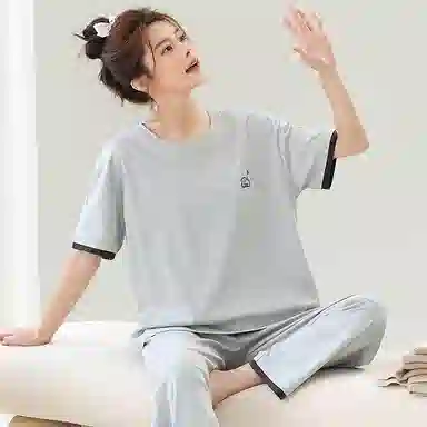 贴身领域 圆领甜美舒适透气可外穿柔软简约亲肤短袖长裤睡衣套装 女款