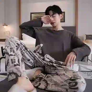 贴身领域 圆领简约上衣松紧腰卡通长裤睡衣套装 男款