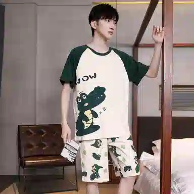 贴身领域 拼接撞色纯棉短袖薄款舒适短裤睡衣套装 男款 浅杏色