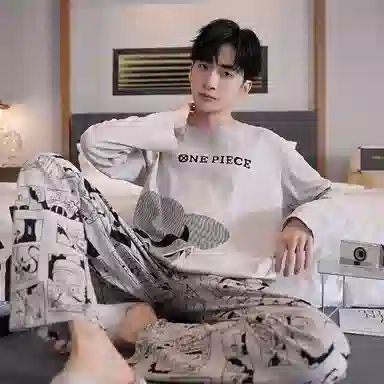 贴身领域 圆领简约上衣松紧腰卡通长裤睡衣套装 男款