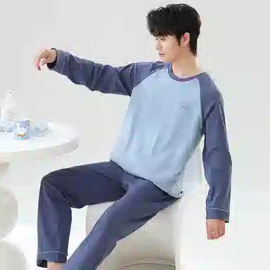 贴身领域 撞色圆领舒适透气可外穿简约亲肤睡衣套装 男款