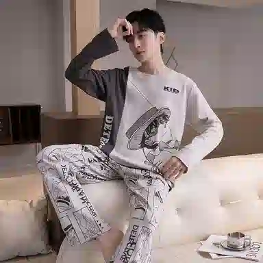 贴身领域 圆领简约上衣松紧腰卡通长裤睡衣套装 男款