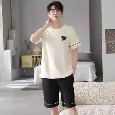 贴身领域 纯棉圆领卡通字母印花短袖松紧腰睡衣套装 男款 杏色