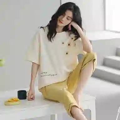 贴身领域 时尚圆领短袖七分短裤带口袋可外穿棉质休闲家居服夏季睡衣套装 女款 米黄