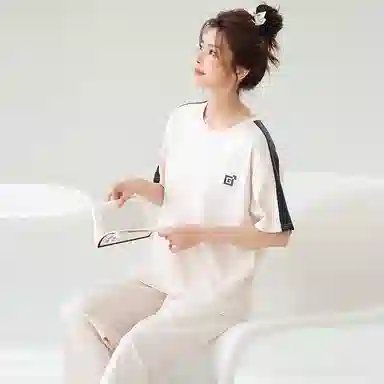 贴身领域 圆领甜美舒适透气可外穿柔软简约亲肤短袖长裤睡衣套装 女款