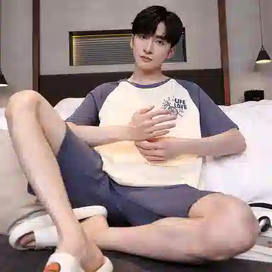 贴身领域 字母印花拼接撞色圆领纯棉短袖薄款舒适短裤睡衣套装 男款