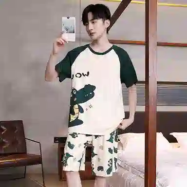 贴身领域 拼接撞色纯棉短袖薄款舒适短裤睡衣套装 男款 浅杏色