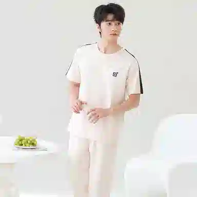 贴身领域 圆领舒适透气短袖长裤可外穿柔软简约亲肤睡衣套装 男款