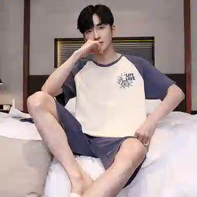 贴身领域 字母印花拼接撞色圆领纯棉短袖薄款舒适短裤睡衣套装 男款