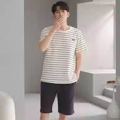 贴身领域 圆领条纹套头短袖睡衣套装 男款 米黄