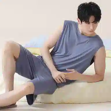 贴身领域 纯色圆领套头无袖睡衣套装 男款 灰蓝