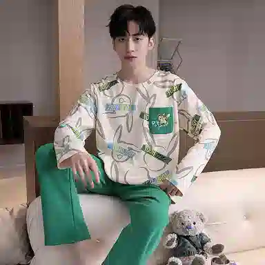 贴身领域 圆领简约上衣松紧腰卡通长裤睡衣套装 男款