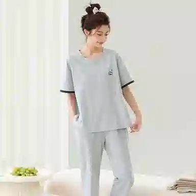 贴身领域 圆领甜美舒适透气可外穿柔软简约亲肤短袖长裤睡衣套装 女款