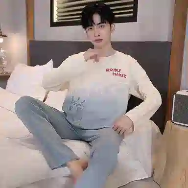 贴身领域 青少年纯棉舒适亲肤字母印花圆领可外穿长袖长裤薄款内衣家居服睡衣套装 男款