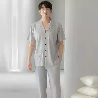 贴身领域 卡通熊印花短袖条纹长裤带口袋薄款休闲可外穿家居服睡衣套装 男款 灰色