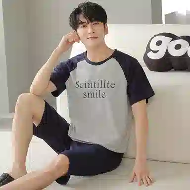 贴身领域 字母印花拼接撞色圆领短袖薄款舒适短裤可外穿家居服睡衣套装 男款 花灰色