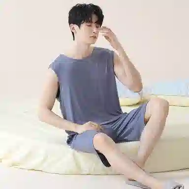 贴身领域 纯色圆领套头无袖睡衣套装 男款 灰蓝
