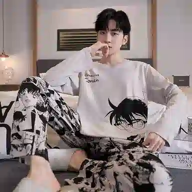 贴身领域 圆领简约上衣松紧腰卡通长裤睡衣套装 男款