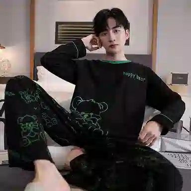 贴身领域 圆领简约上衣松紧腰卡通长裤睡衣套装 男款