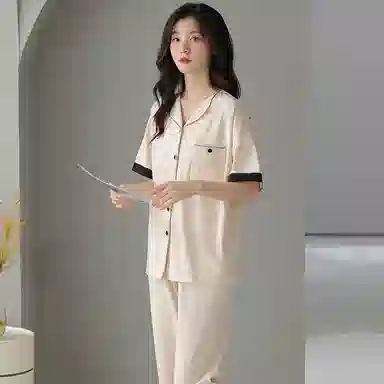 贴身领域 短袖长裤带口袋弹力可外穿棉质休闲家居服睡衣套装 女款 米黄色