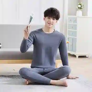 贴身领域 加厚加绒青年圆领纯色可外穿简约内衣秋衣秋裤打底保暖套装 男款
