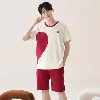 贴身领域 卡通爱心印花短袖上衣透气舒适松紧裤睡衣套装 男款 杏色拼红色