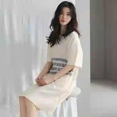 贴身领域 条纹印花圆领套头宽松休闲可外穿短袖 夏季睡裙 女款 米黄