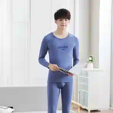 贴身领域 青少年学生青年纯棉时尚可外穿圆领长袖印花秋衣秋裤打底棉毛衫大学生高中生内衣保暖套装 男