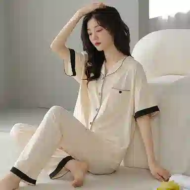 贴身领域 短袖长裤带口袋弹力可外穿棉质休闲家居服睡衣套装 女款 米黄色