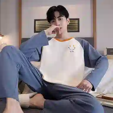 贴身领域 圆领简约上衣松紧腰卡通长裤睡衣套装 男款